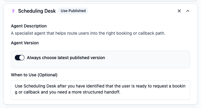 Expanded Call Agent settings configured to hand off to Scheduling Desk