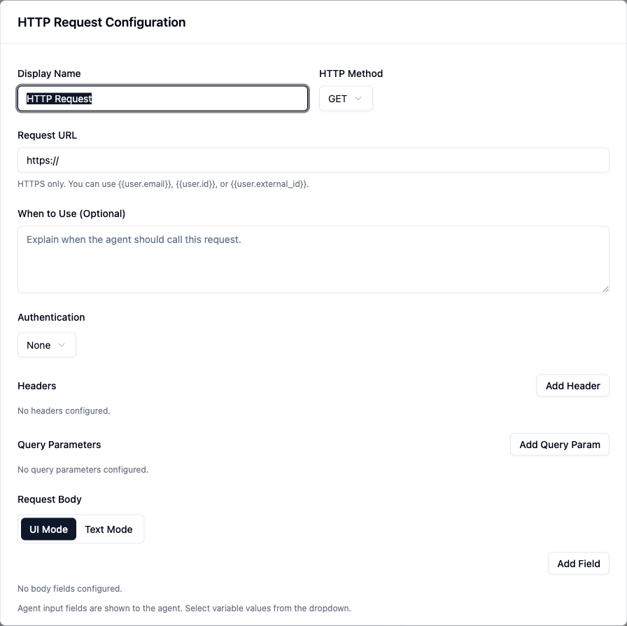 HTTP Request Configuration with method, URL, auth, headers, query params, and request body