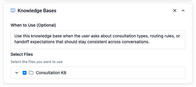 Expanded Knowledge Base settings with selected files and invocation guidance