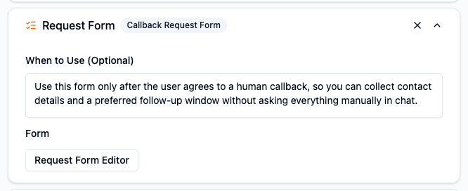 Expanded Request Form settings with a stage-aware trigger rule