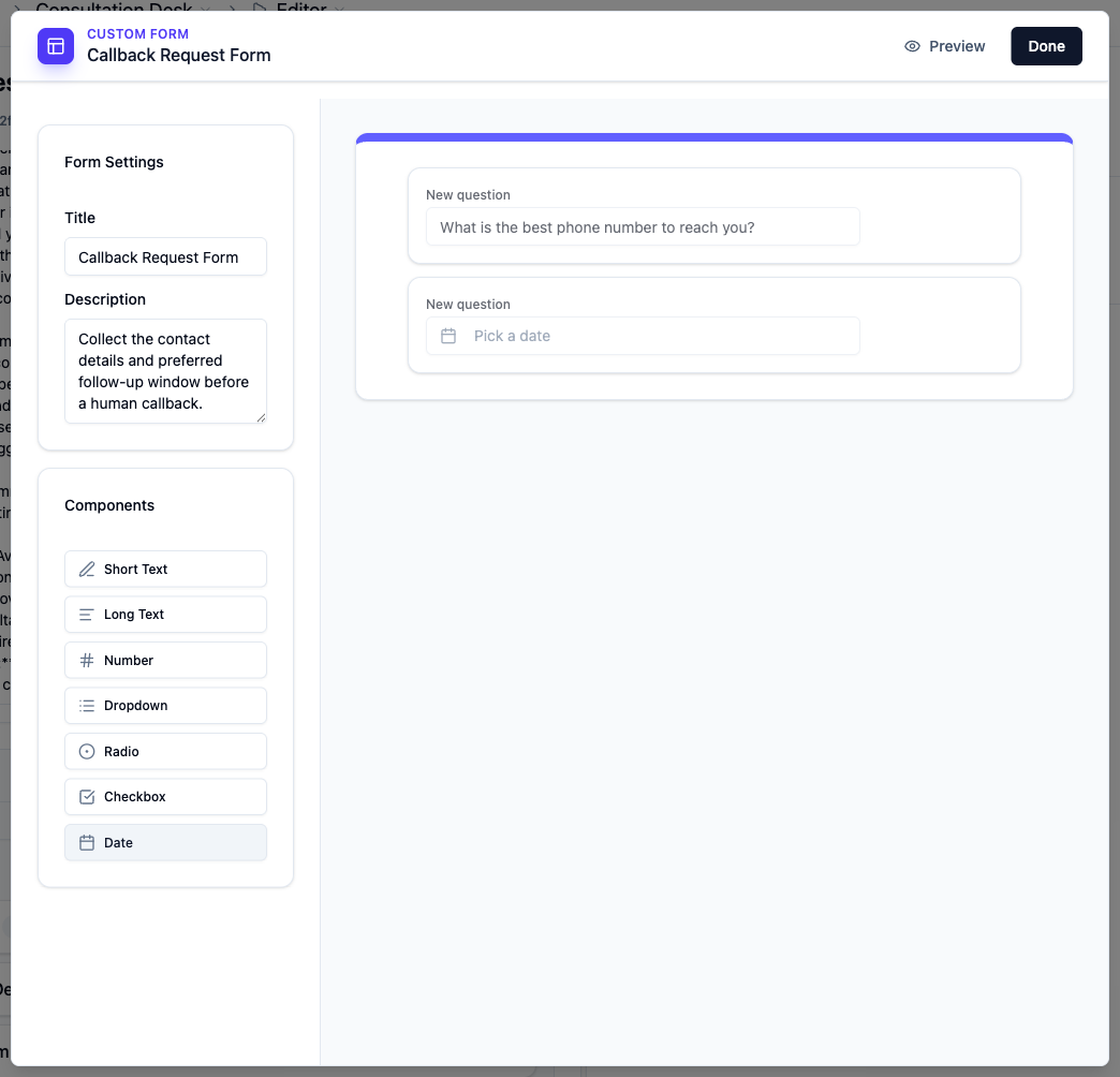 Request Form Editor with a callback intake form