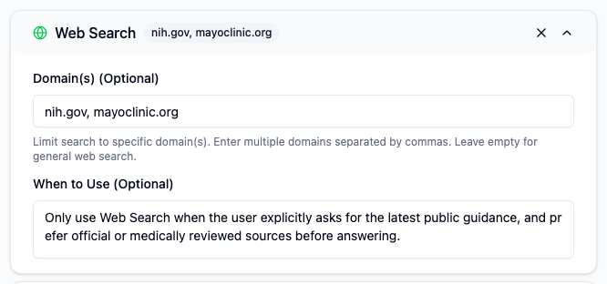 Expanded Web Search settings with domain restrictions and a clear invocation rule