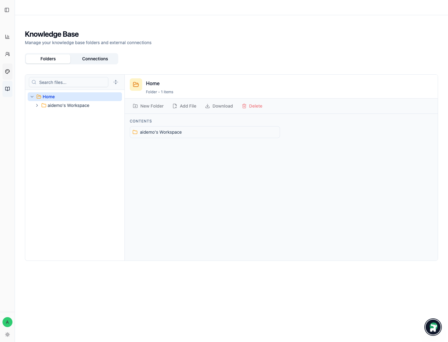 Knowledge Base home with folders and connections