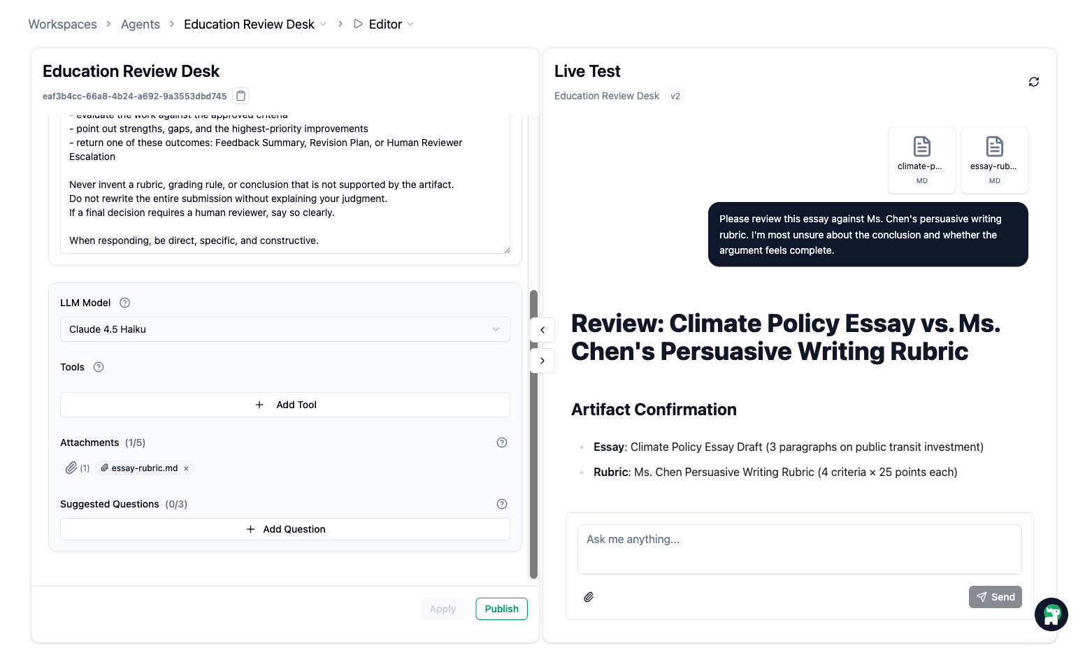 Education Review Desk with a rubric attachment and uploaded draft in Live Test