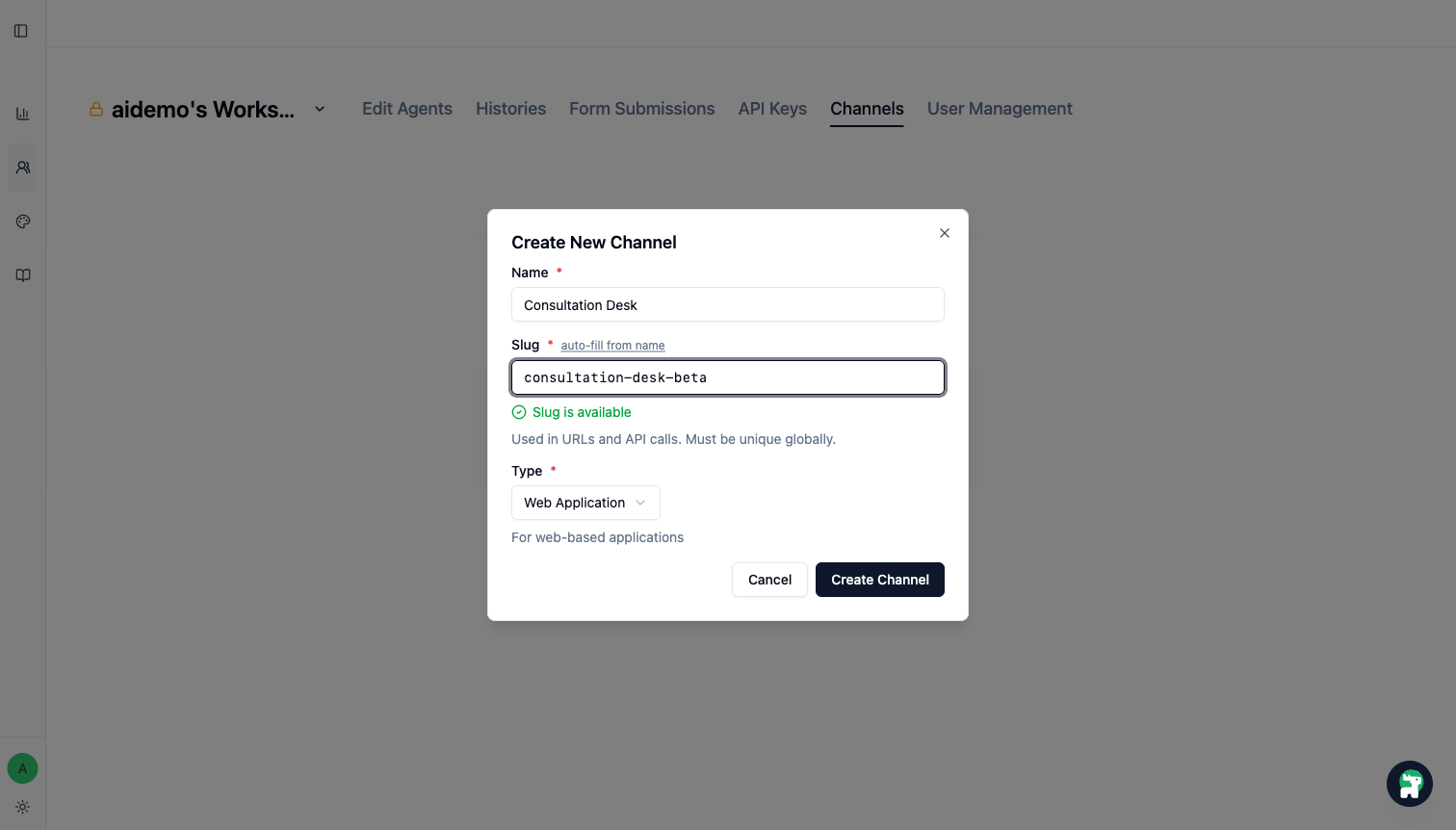 Create New Channel dialog with name, slug, and type filled in