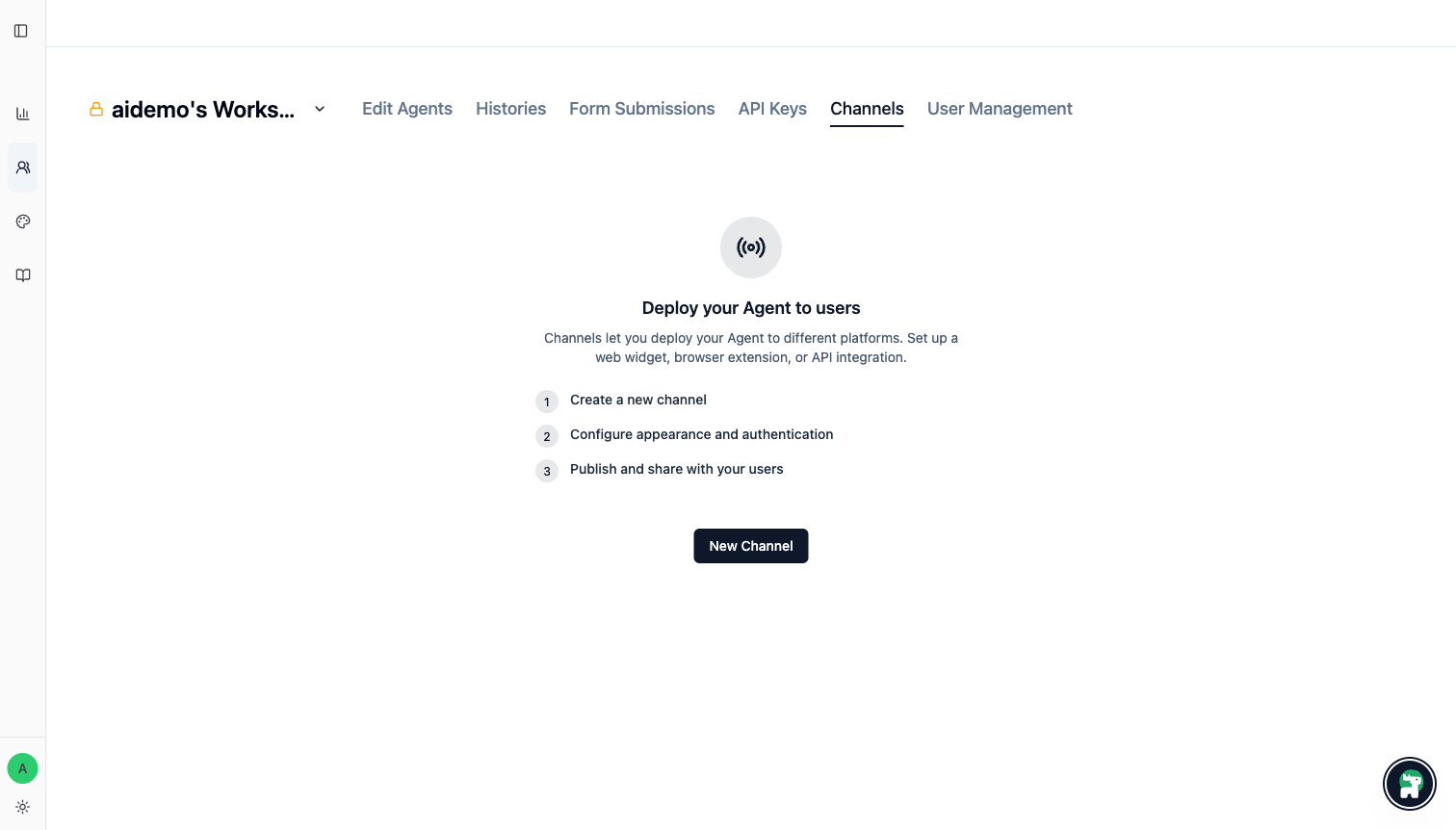 Channels empty state in the current workspace UI
