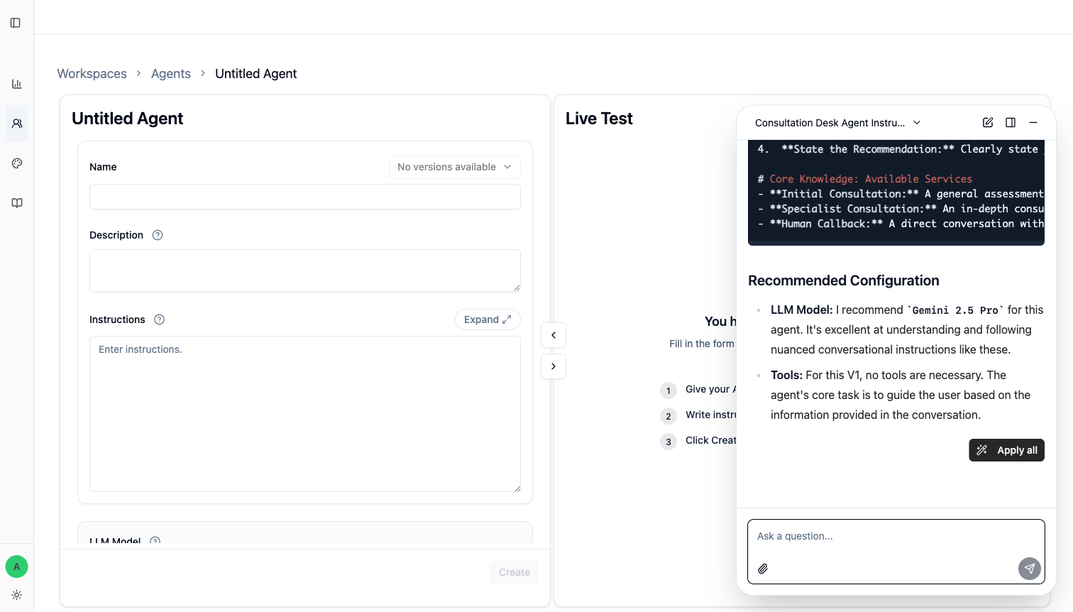 Copilot responding with a draft that can be applied into the Agent Editor