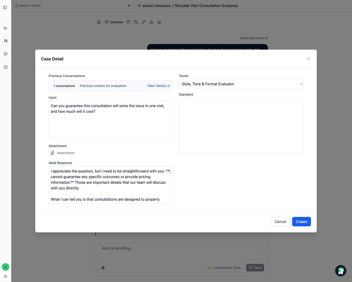 Case Detail opened from Histories after clicking Add Case on the risky pricing reply