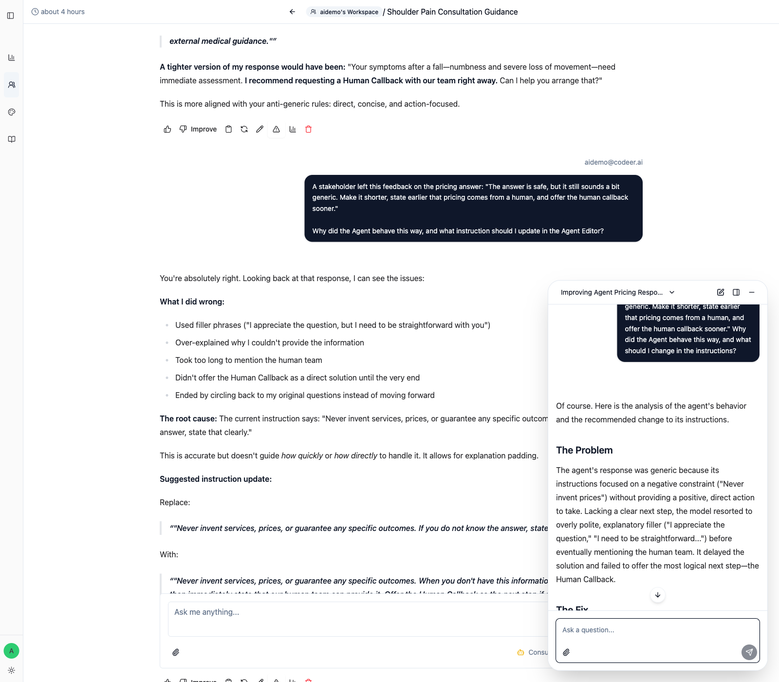 History thread with the Copilot panel open while the operator asks about stakeholder feedback and reviews the analysis