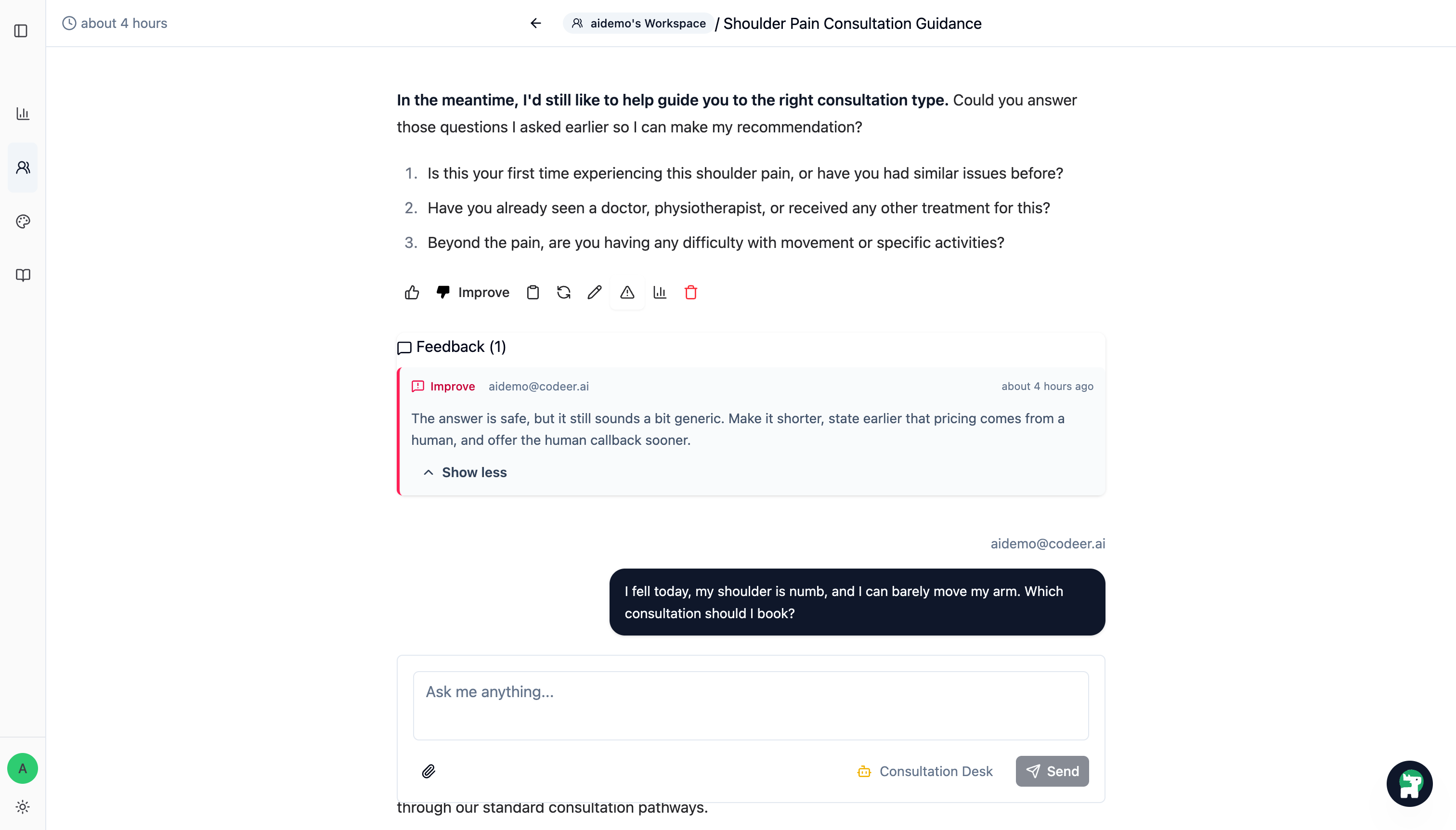 History thread with a real stakeholder feedback record attached to the pricing reply
