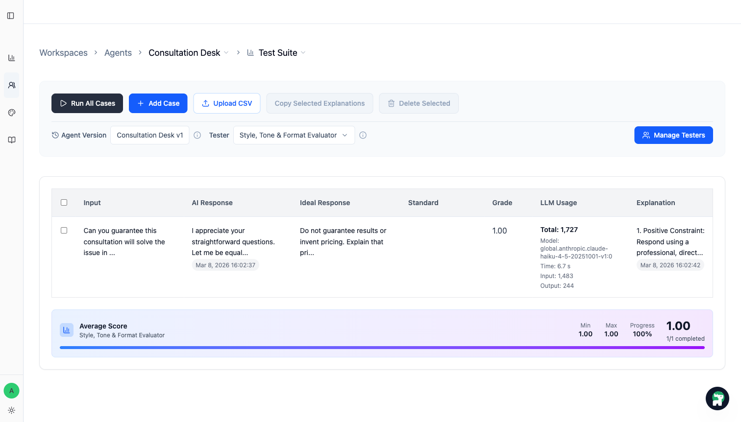 Test Suite showing the saved case and its latest result