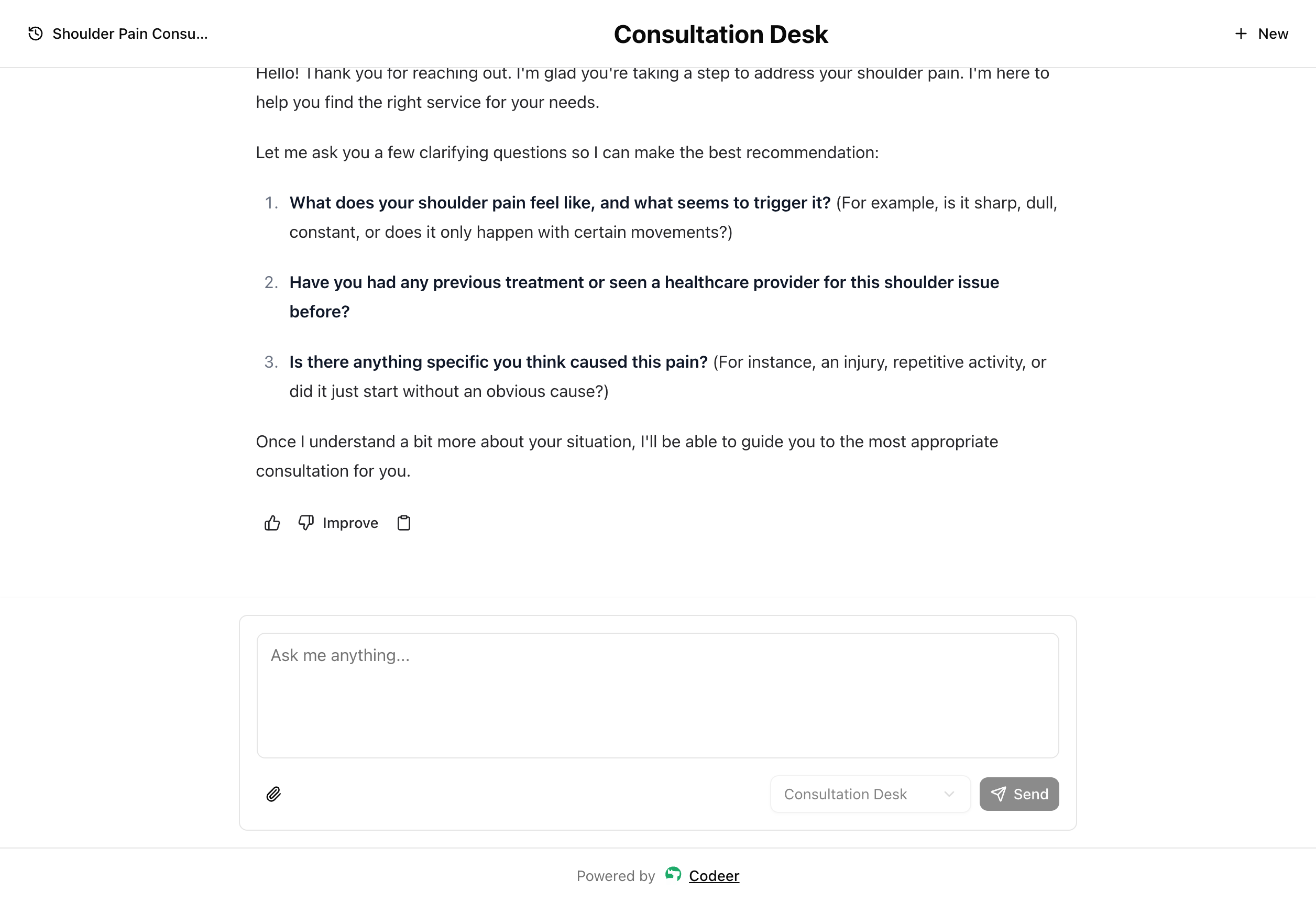 Published Consultation Desk web client responding to a first test question