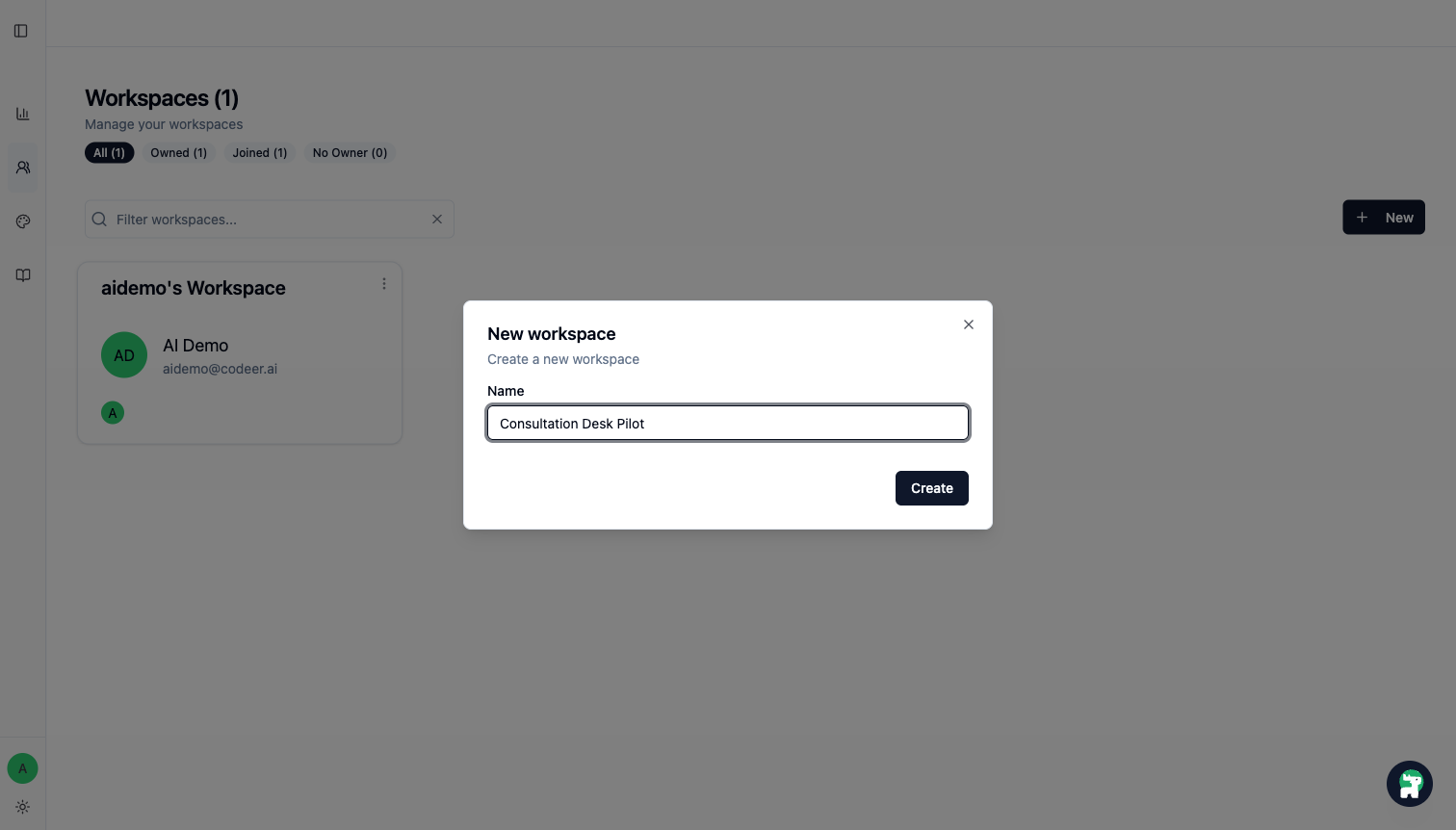 Workspaces page with the new workspace dialog in the current UI