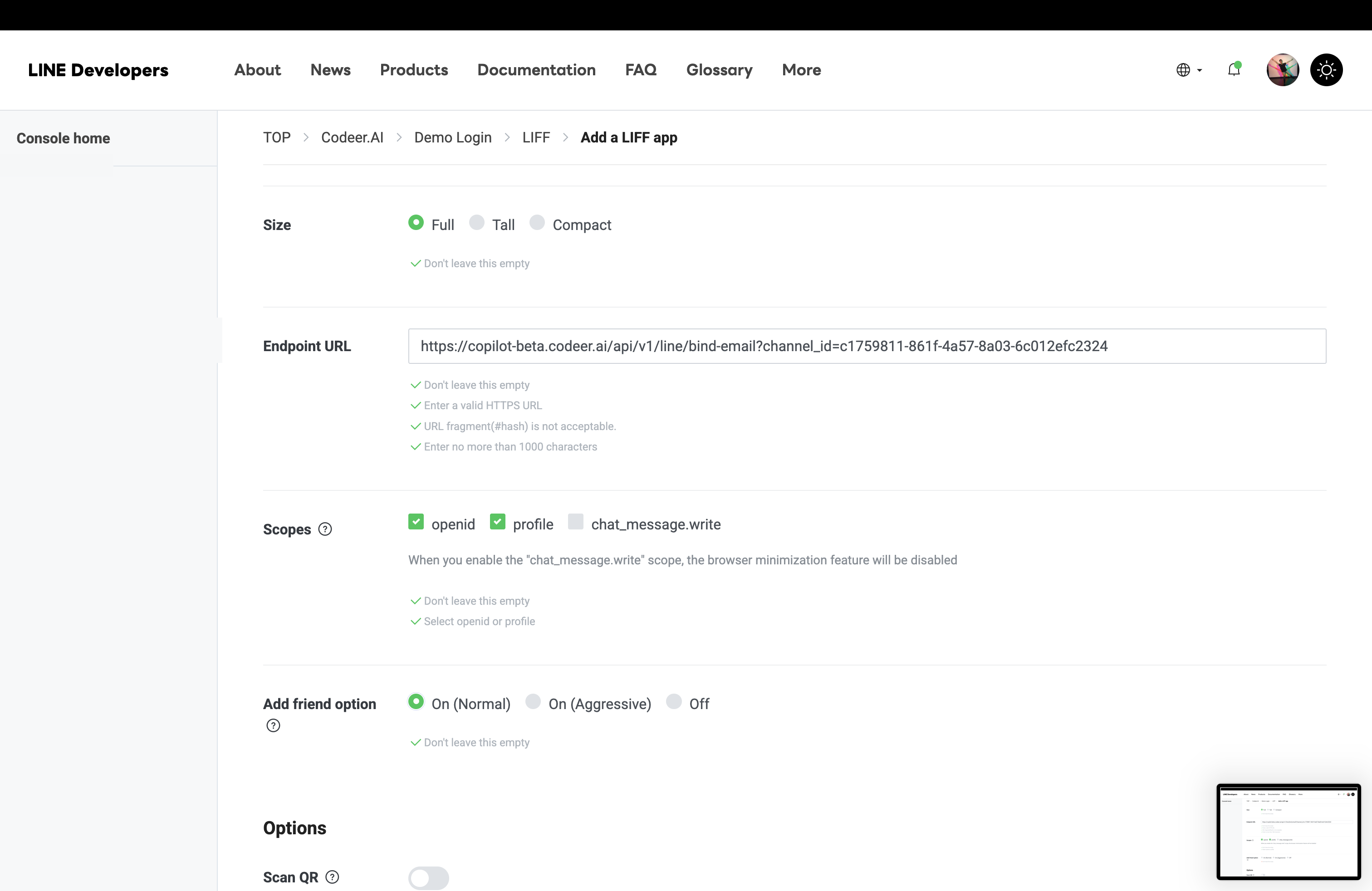 Add a LIFF app form showing the openid and profile scopes plus the Add friend option