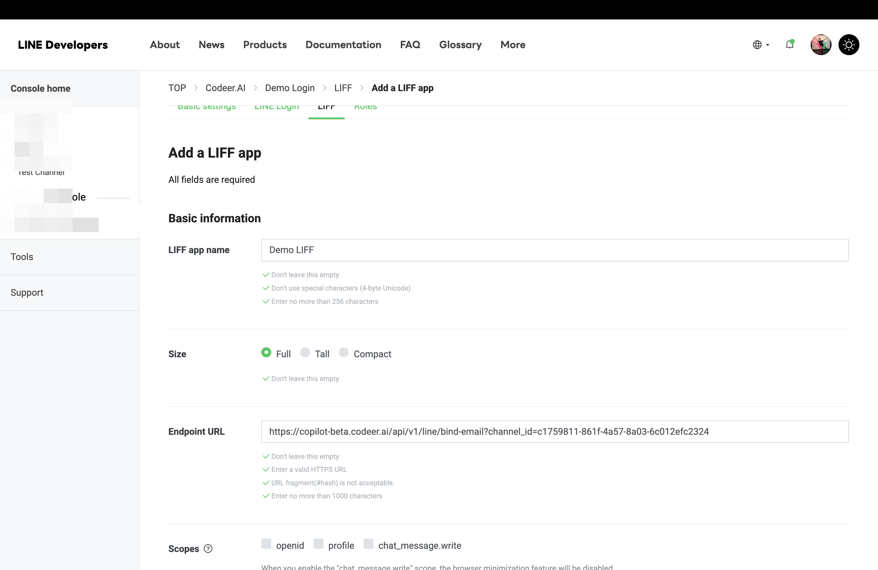 Add a LIFF app form showing the LIFF app name, Size, and Endpoint URL fields