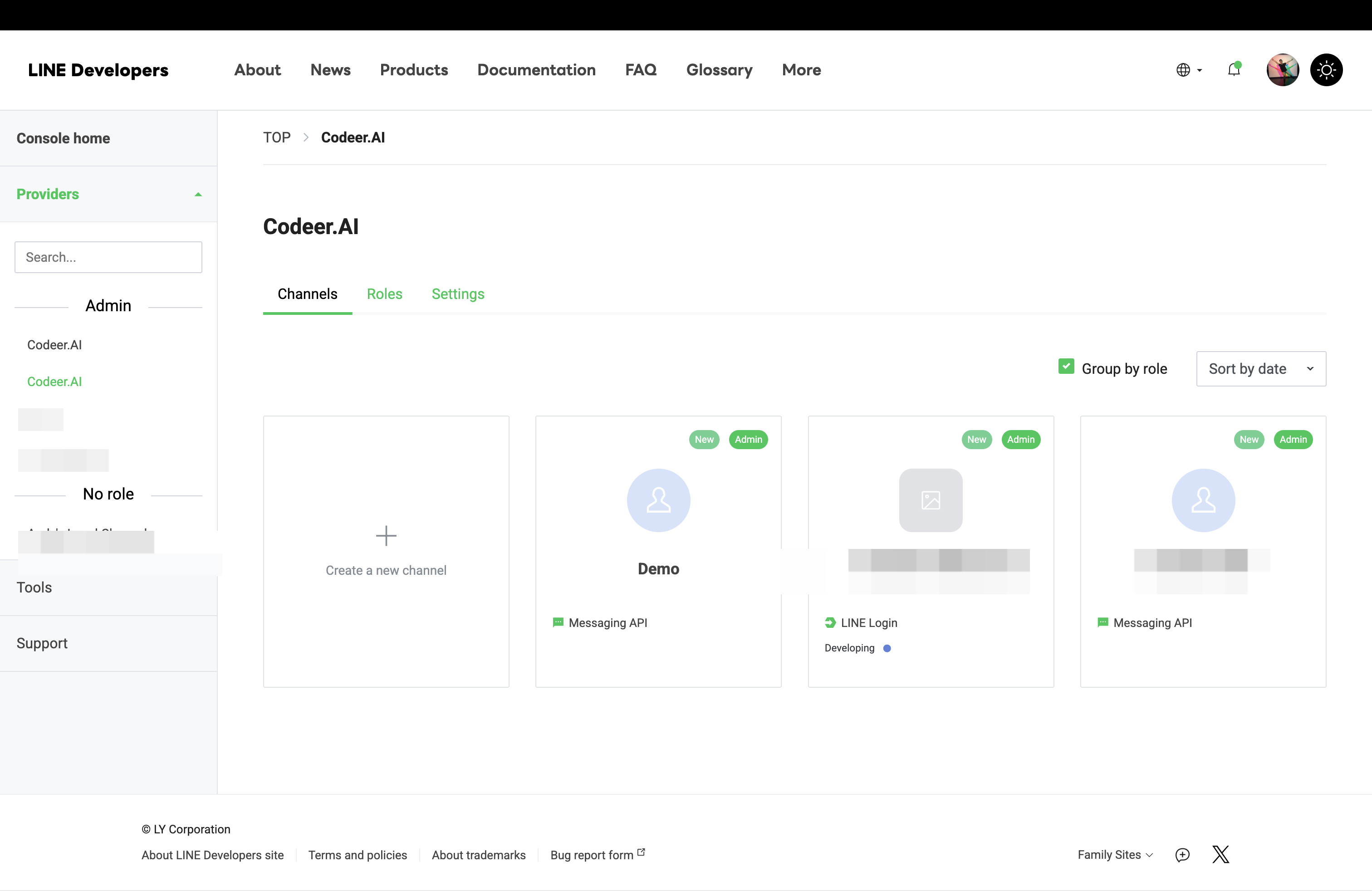 LINE Developers Console Provider page showing the matching Messaging API channel card