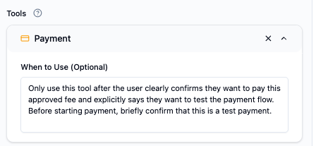 Payment tool with a sample When to Use instruction for testing