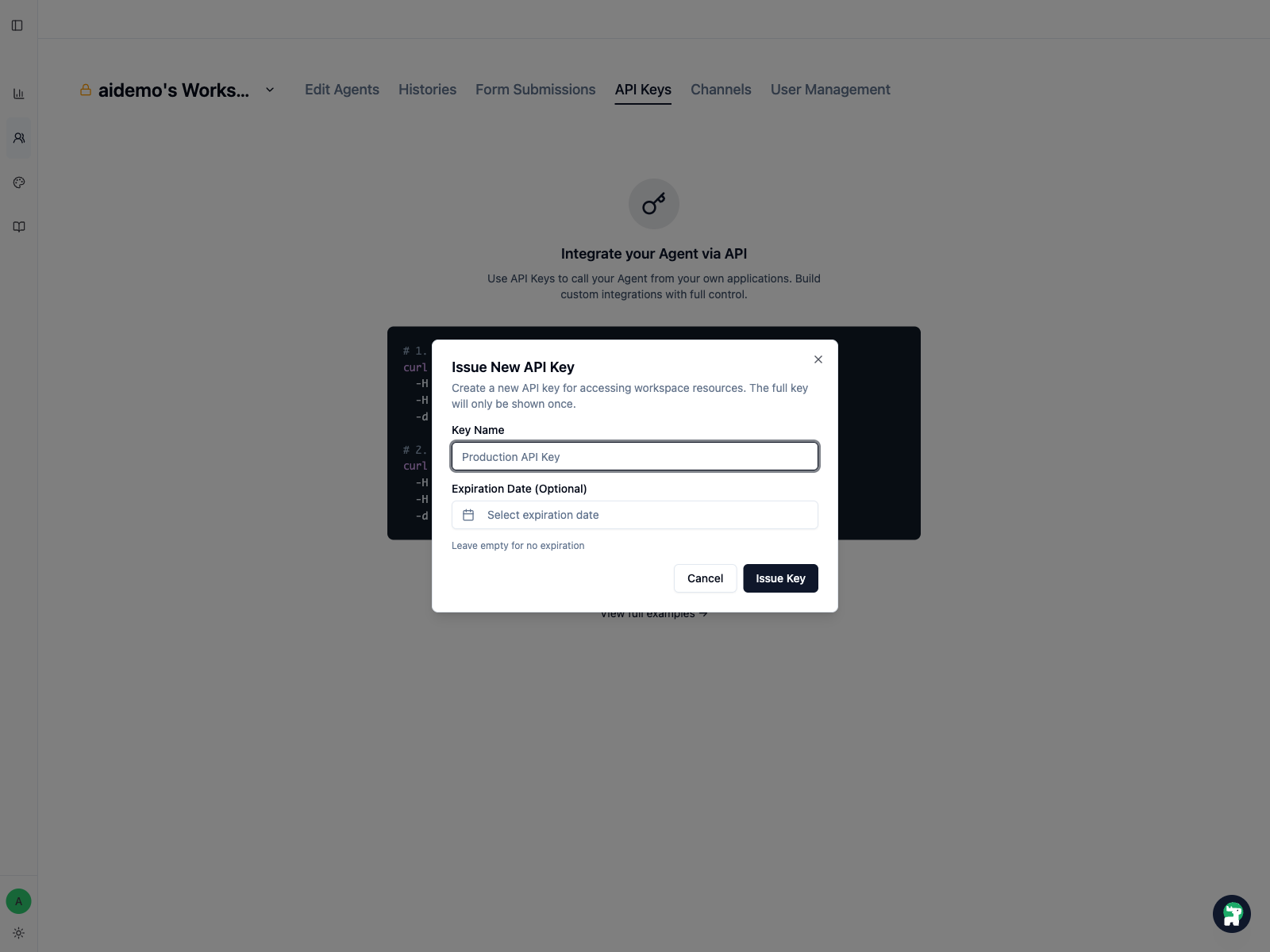 Issue New API Key modal