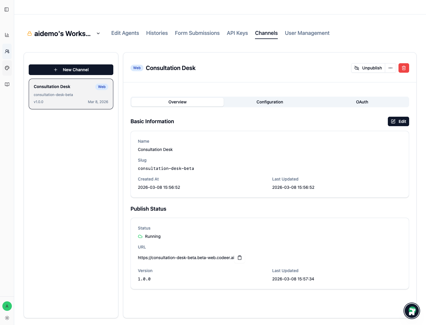 Published web channel with live URL and running status