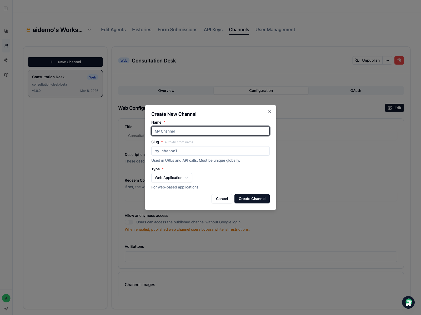 Create New Channel modal for a web channel