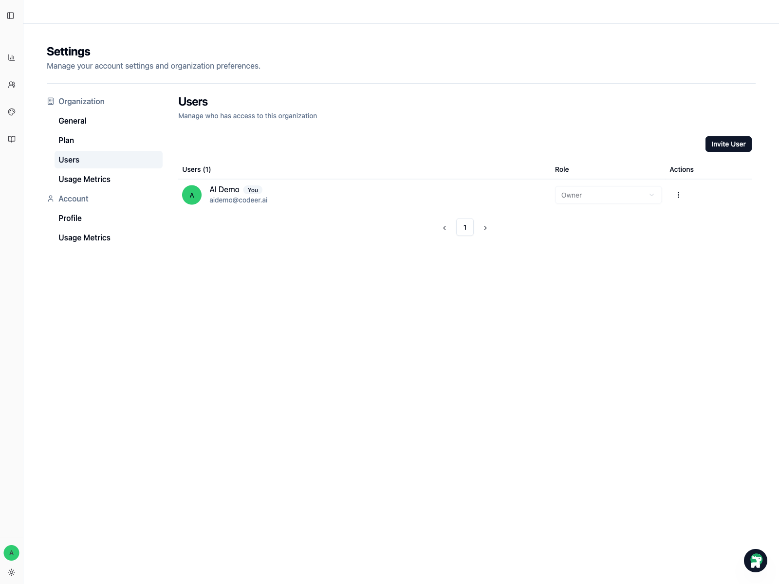 Organization users page for managing who can join the team