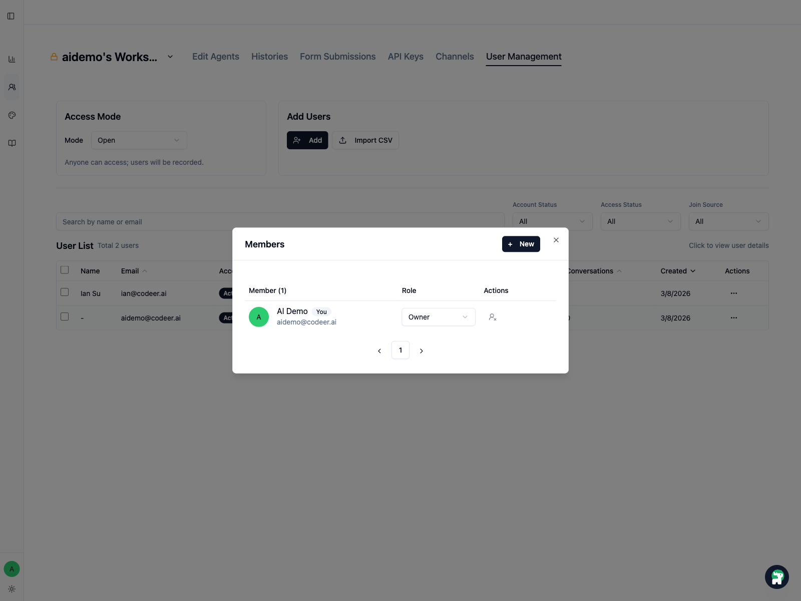 Workspace members view for checking access and role assignment