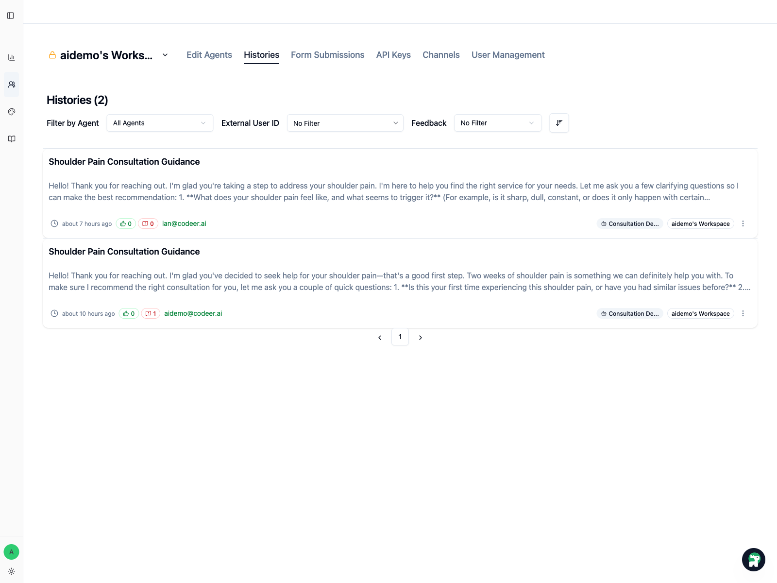 Workspace histories view used for day-to-day review and follow-up