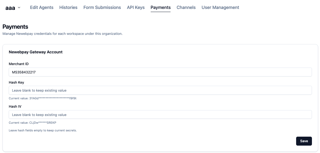 Payments tab with the Newebpay workspace payment settings