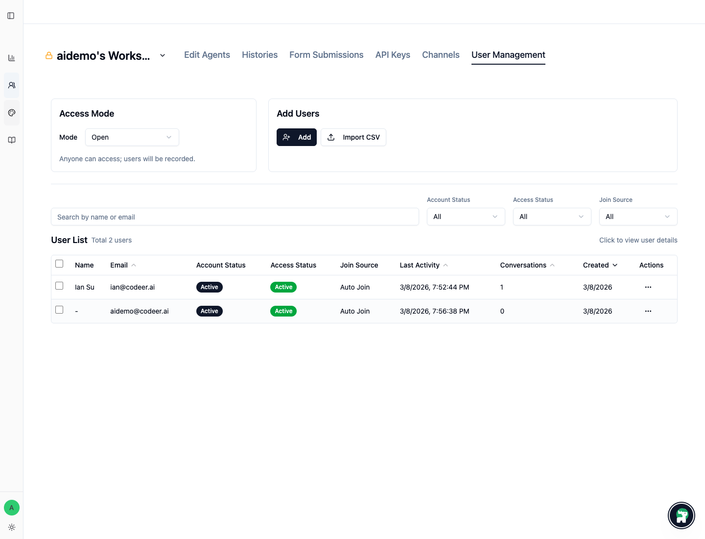User management view with access mode, add-user actions, and user list